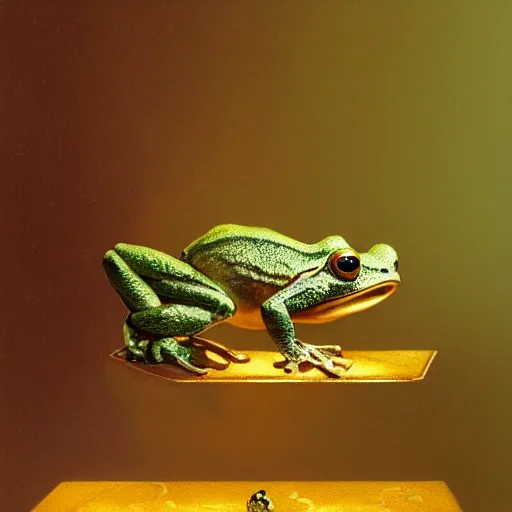 Image similar to long shot of a cute frog playing with golden metal balls, by esao andrews, by m. w. kaluta, volumetric light, rich colors, very humorous oil painting, realistic reflections, smooth, concept art, depth perception, high depth of field, 4 k, unreal engine 5, ultradetailed, hyperrealistic, artstation