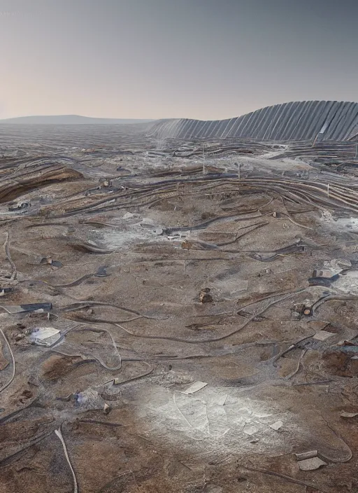 Image similar to bioremediation invisible white architecture, in the mining tailings of chuquicamata, epic, cinematic, hyperealistic, high detailed, corona render, hdr, ray tracing