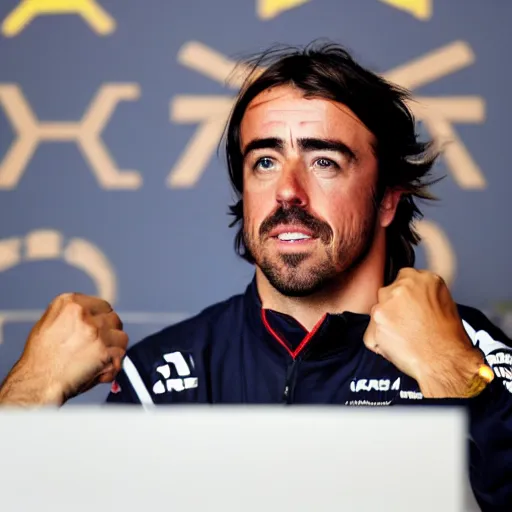 Prompt: formula 1 driver fernando alonso as the president of the united states at a press conference, realistic, 4k, detailed, photograph