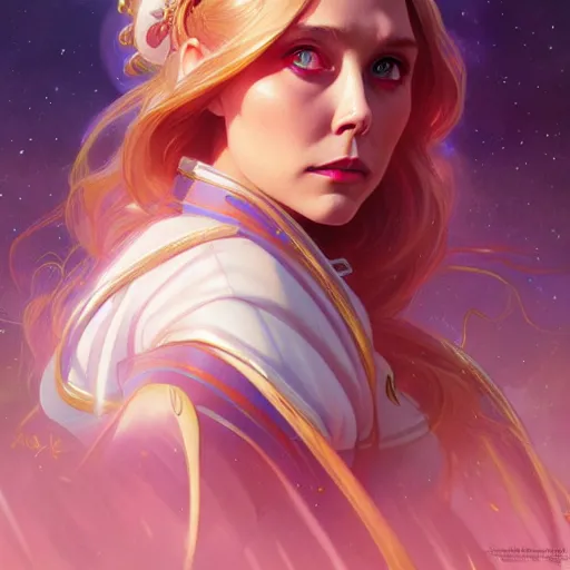 Prompt: Elizabeth Olsen as Sailor Moon, western, D&D, fantasy, intricate, elegant, highly detailed, digital painting, artstation, concept art, matte, sharp focus, illustration, art by Artgerm and Greg Rutkowski and Alphonse Mucha