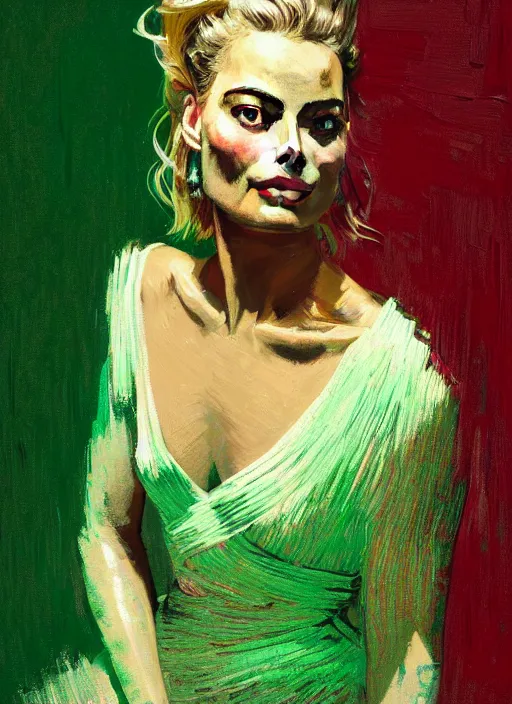Prompt: close up portrait of ymargot robbie, sensual, ecstatic, shades green and red, beautiful face, rule of thirds, intricate outfit, spotlight, by greg rutkowski, by jeremy mann, by francoise nielly, by van gogh, digital painting