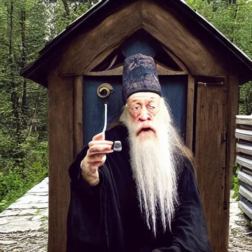 Image similar to Dumbledore sitting in an outhouse with a cigarette in his mouth, selfie