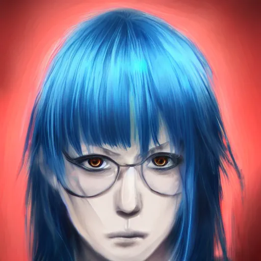 Prompt: full face shot of rimuru tempest, sky blue straight hair, long bangs, with amber eyes, wearing a blue sleeveless shirt, ultra detailed, brush strokes, digital painting, cinematic, wlop artstation, closeup, pixiv, intense, intimidating glare, no makeup, photorealistic, overpowering, andy warhol,