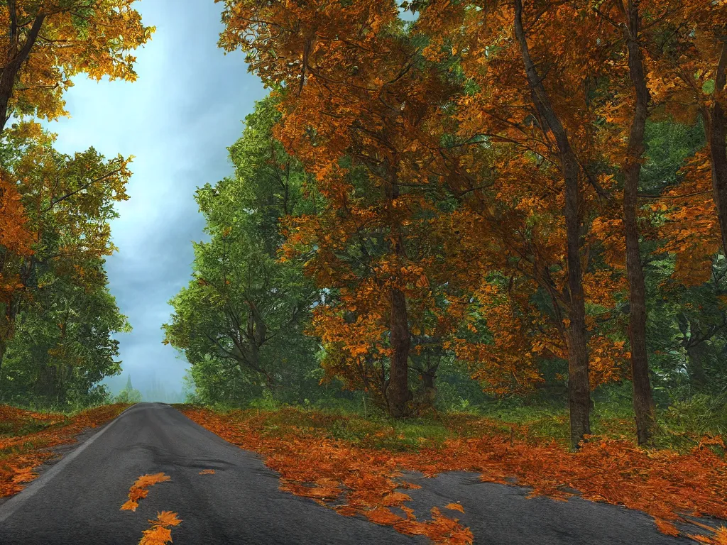 Image similar to Going to the end of the road, there are maple trees on both sides of the road, and maple leaves are floating in the air, Vanishing Point, hdr, ue5, unreal engine 5, cinematic 4k wallpaper, ultra detailed, high resolution, artstation, award winning.