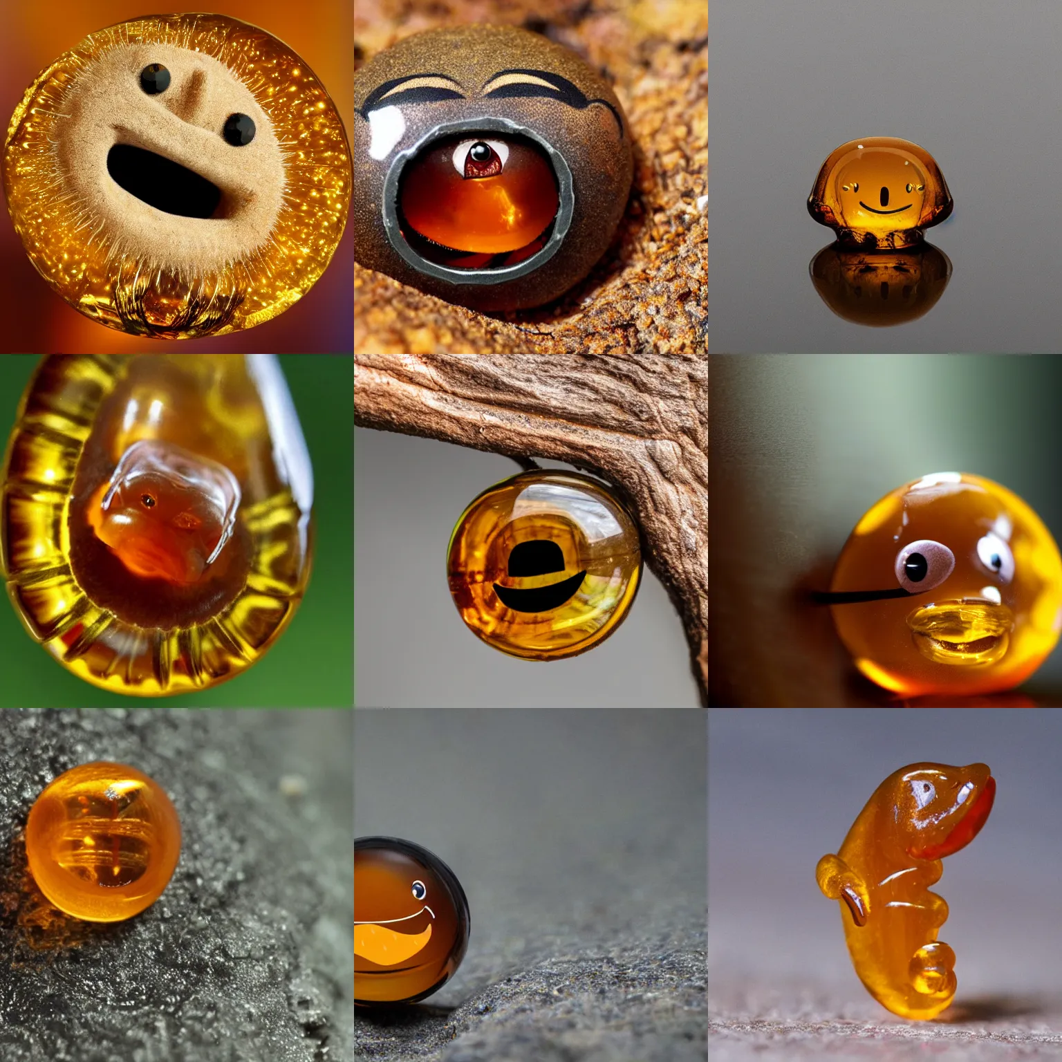 Prompt: stupid little guy smiling creature trapped in amber