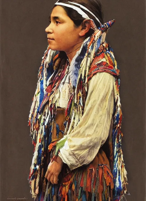 Prompt: a copic maker art nouveau portrait of a mapuche girl finely detailed features wearing a mapuche poncho designed by balenciaga by john berkey, norman rockwell akihiko yoshida