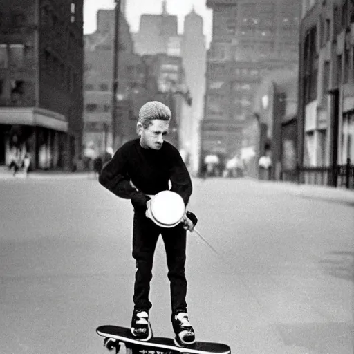 Prompt: bart simpson skating down the streets of manhattan in 1 9 3 0 wearing streetwear