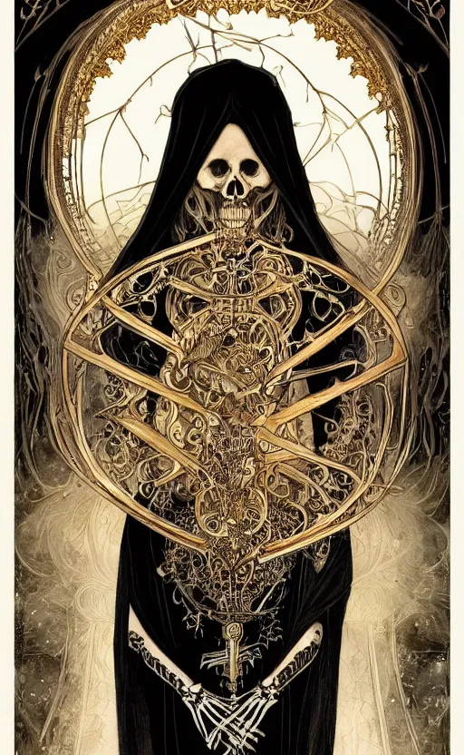 Image similar to a skeleton in a black cloak, highly detailed, very intricate, art nouveau, gold filigree, left right symmetry, tarot concept art watercolor illustration by mandy jurgens and alphonse mucha and alena aenami, featured on artstation