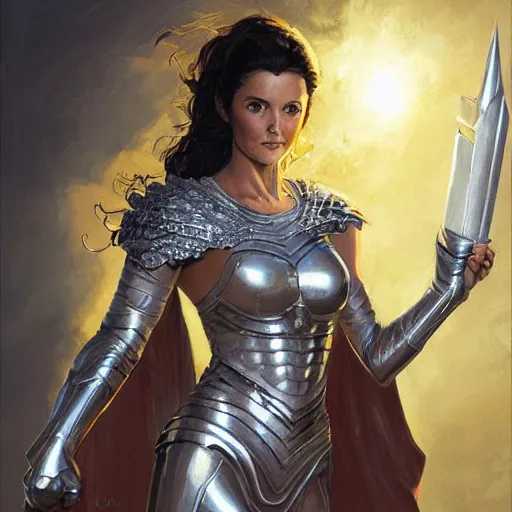 Prompt: A painting of young Lynda Carter wearing a intricate silver armor and holding Excalibur by nuri iyem, james gurney, james jean, greg rutkowski, anato finnstark. hyper detailed