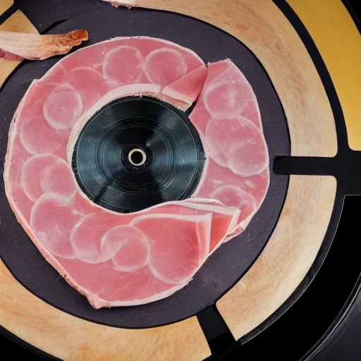 Prompt: a big piece of baloney on a record player.