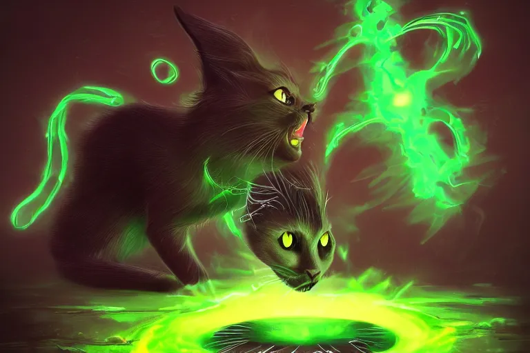 Prompt: black cat with glowing green eyes opening a magic portal to a demon realm, digital illustration, artstation, artstation hq, hd