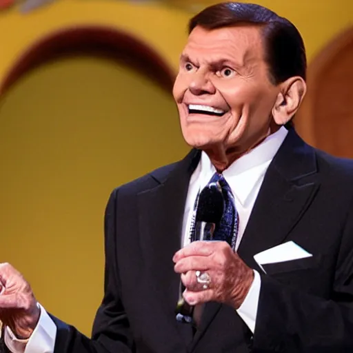 Prompt: kenneth copeland showering in money and coins while performing in church