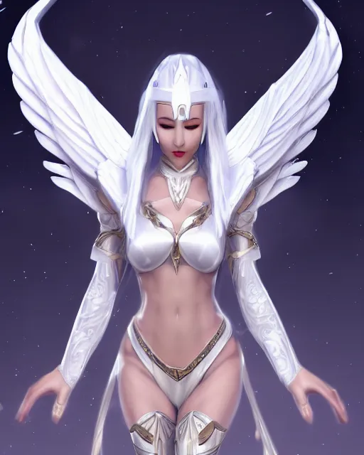 Image similar to perfect white haired egyptian goddess wearing white dove wings, warframe armor, regal, attractive, ornate, sultry, beautiful, ice queen, half asian, pretty face, blue eyes, detailed, scifi platform, 4 k, ultra realistic, epic lighting, android body, illuminated, cinematic, masterpiece, art by akihito tsukushi, voidstar