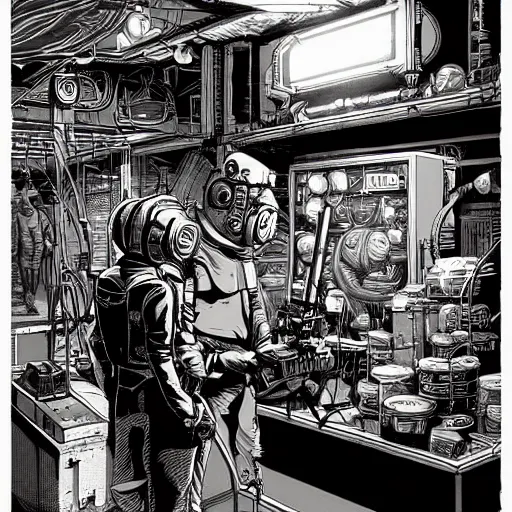 Prompt: space merchant in their shop, Industrial Scifi, detailed illustration, Chiaroscuro, character design, by Martin Grip and Moebius