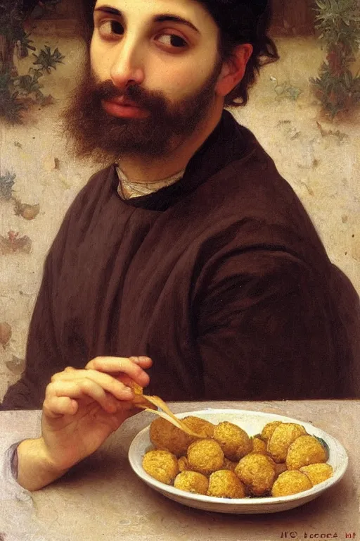 Prompt: portrait of a young Israeli man eating falafel, bouguereau