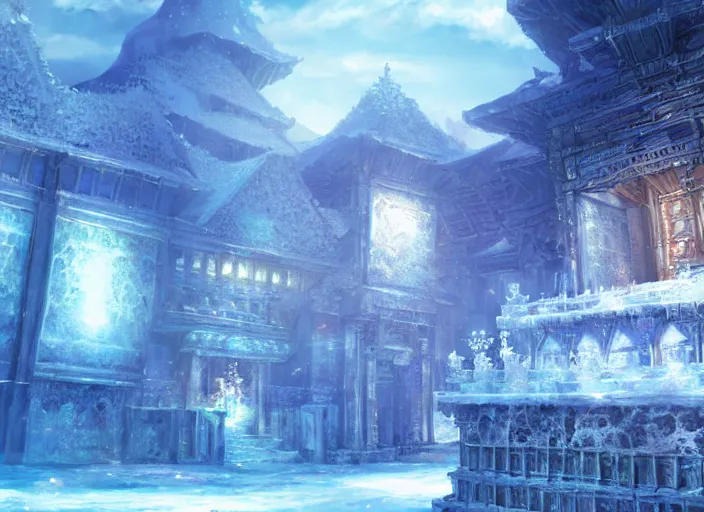 Prompt: Fantasy ice temple. hidari, color page, tankoban, 4K, tone mapping, Akihiko Yoshida.