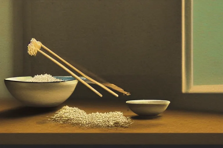 Image similar to an empty bowl with a few rice grains and broken chinese chopsticks, on a dirty table in poor apartments, running rat, dark atmosphere, digital art, very realistic