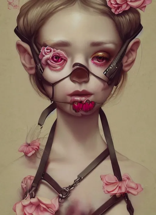 Prompt: pop surrealism, lowbrow art, realistic cute girl painting, pink body harness, shibari, hyper realism, muted colours, rococo, natalie shau, loreta lux, tom bagshaw, trevor brown style,