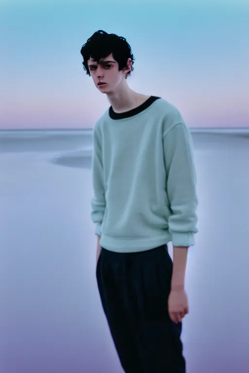 Image similar to high quality pastel coloured film mid angle docu photograph of a beautiful young 2 0 year old male, soft features, short black hair, extremely oversized!!! clothing!! next to icelandic black rock pool environment. atmospheric. three point light. photographic. art directed. ( pastel colours ). volumetric light. clearcoat. waves glitch. 8 k. filmic.