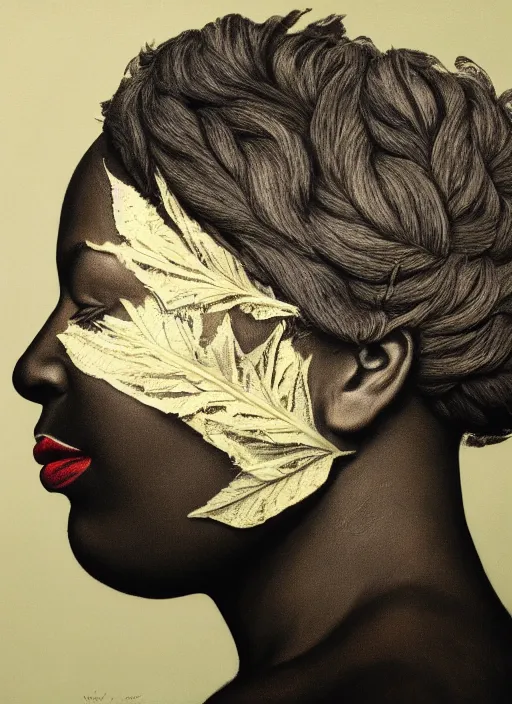 Prompt: a beautiful black woman's face in profile made of leaf skeleton, white hair, in the style of the dutch masters and rene magritte, dark and moody, matte, 8 k, hyper detailed, hyper realistic, intricate detail,