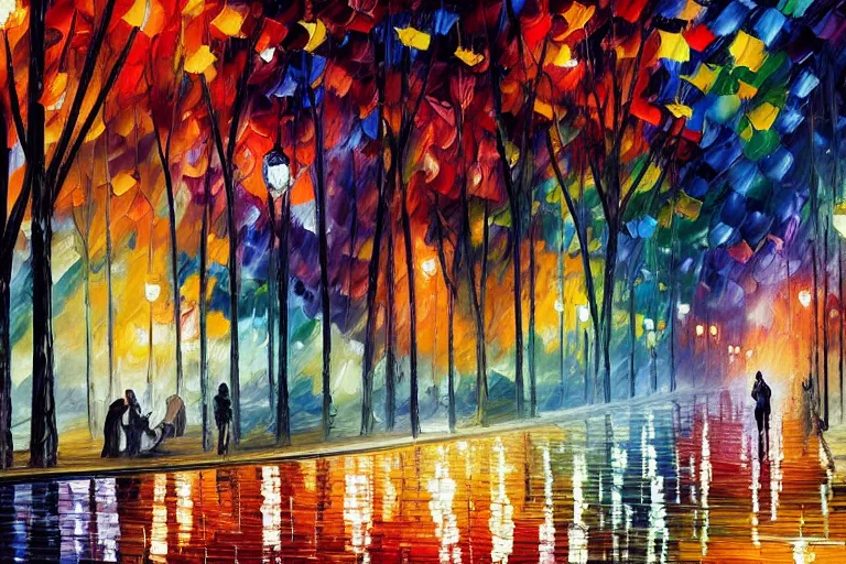 Prompt: a detailed painting of a park at night by leonid afremov and william de nuncques, rain puddles, a glitched dystopian city in the background, in foreground two plague doctors