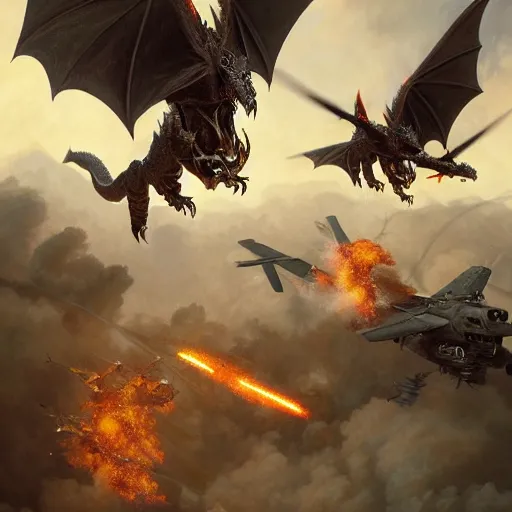 Image similar to an extremely detailed matte painting of the dragon deathwing breathing fire and destroying a squad of apache helicopters, very detailed, beautiful, intricate, cinematic, artstation, william bouguereau, alphonse mucha, greg rutkowski, rossdraws