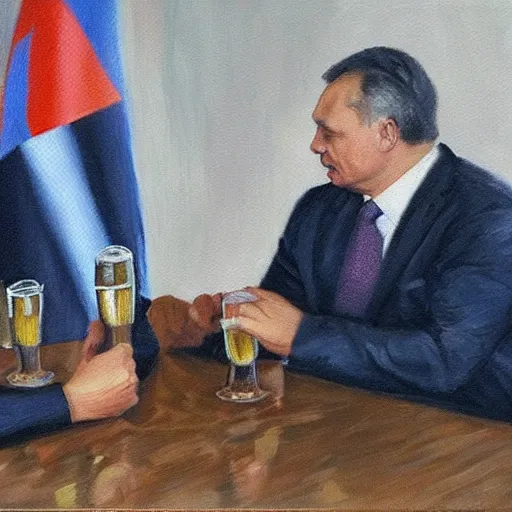 Image similar to viktor orban drinking beer with putin, oil painting, highly detailed