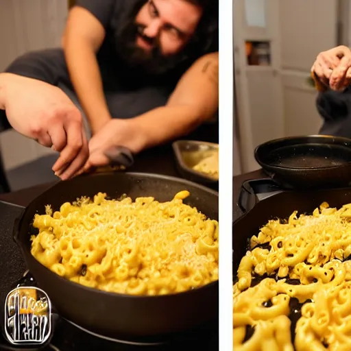 Image similar to top - heavy 2 0 year old with messy black hair and big beard cooks mac and cheese late at night, fish eye lens