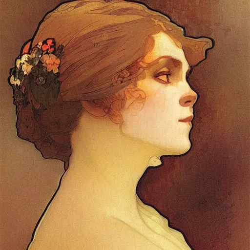 Image similar to woman's sideface, beautiful background, by alfons maria mucha, highly detailded