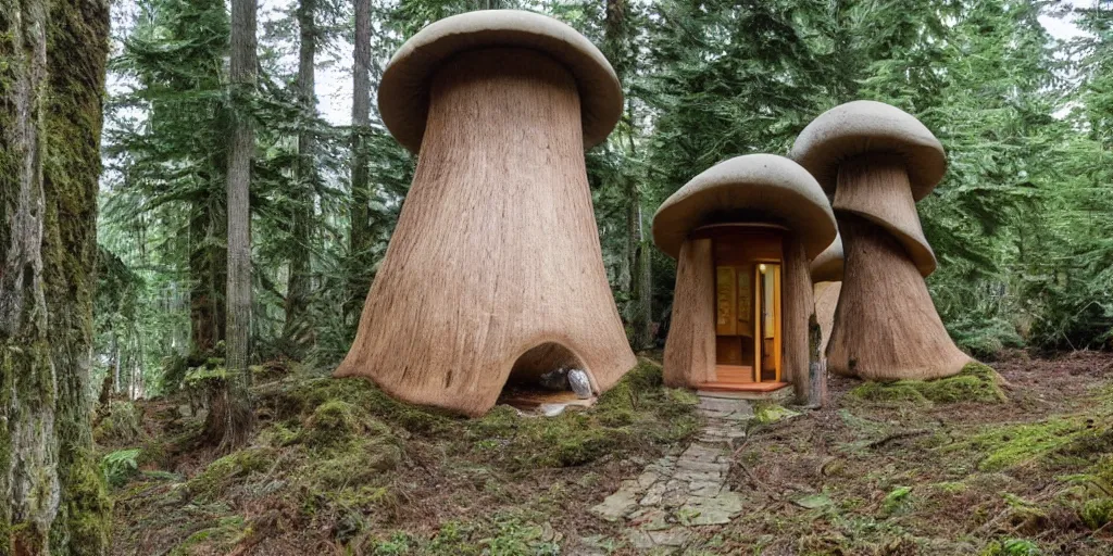 Prompt: tower residence made of an enormous mushroom, pacific northwest, round doors