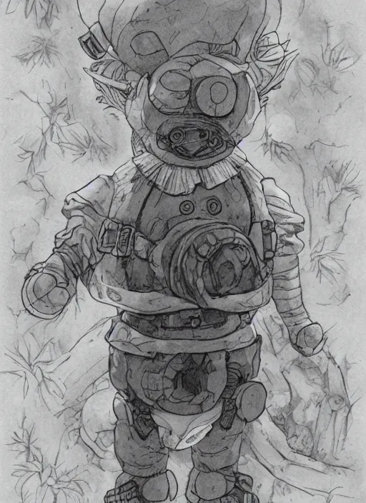 Image similar to beautiful little boy wearing an cyborg bear suit, artwork in kentaro miura and made in abyss and rosdraws, smooth, beautiful lightness, anatomically correct, trending on pixiv, forest