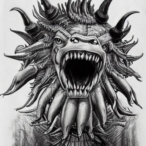 Image similar to a creature with the body and eyes of a man, with the beak of an eagle, the mane of a lion, and the horn of a bull. drawn by h. r. giger