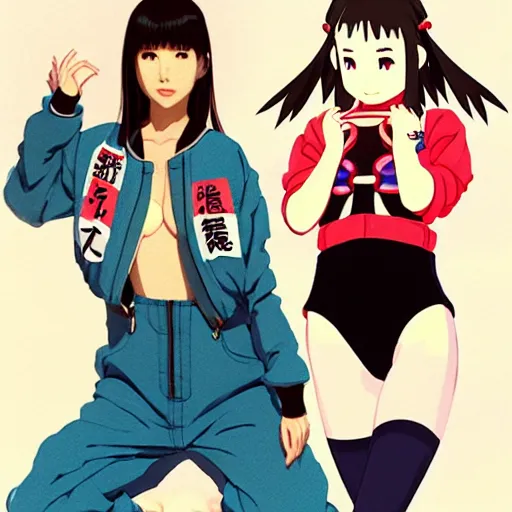 Image similar to a beautiful japanese natalie portman gravure model, wearing oversized native designer bomber jacket and leotard with overalls, bulky poofy bomber jacket with mesoamerican patterns, mesoamerican native street fashion, gapmoe yandere grimdark, trending on pixiv fanbox, painted by greg rutkowski makoto shinkai takashi takeuchi studio ghibli, akihiko yoshida