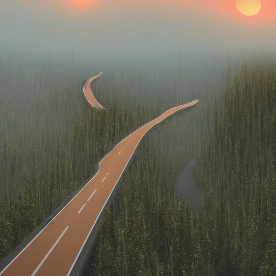 Image similar to surrealist semiabstract rendition of a single epic highway road going down to the horizon through a thick pine forests and rocky mountain coasts plunging into an immense sunset. bird view, atmospheric foggy landscape, psychedelic, ultra realistic, modern art, photorealistic, octane render, by nori inoguchi and sam kaplan and zachary goulko and christopher marley