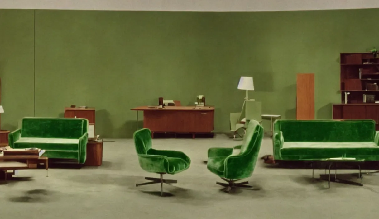 Prompt: a still of severance series indoor 7 0 s green velvet and wood with metal furniture office scenario appearing in a film of jacques tati, in movie playtime ( 1 9 6 7 ) color