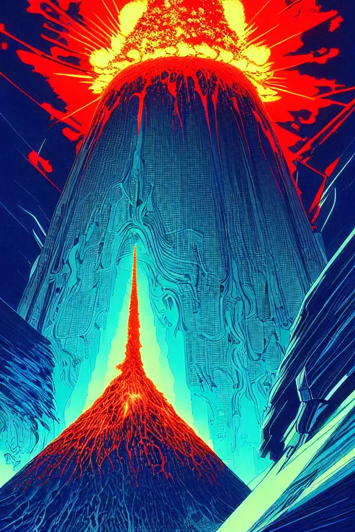 Image similar to artwork by kilian eng and toshi yoshida and franklin booth showing a futuristic powerstation!! in front of a ( ( exploding volcano ) ), vintage scifi, high details, dramatic lightning,, 8 k