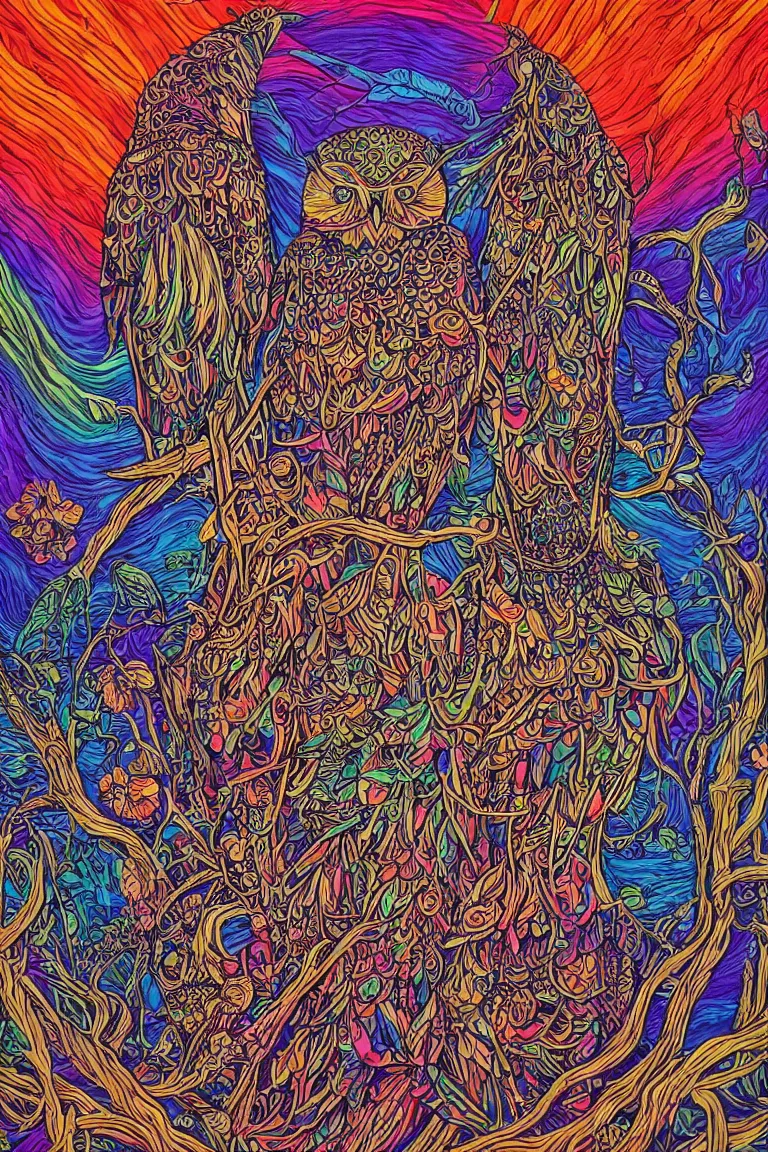 Image similar to beautiful colorful hyperrealist highly detailed psychedelic music poster'the electric owls live at the fillmore ', symmetrical full body, beautiful high contrast colored wood engraving, moebius comic style, shocking detail trending on artstation 8 k