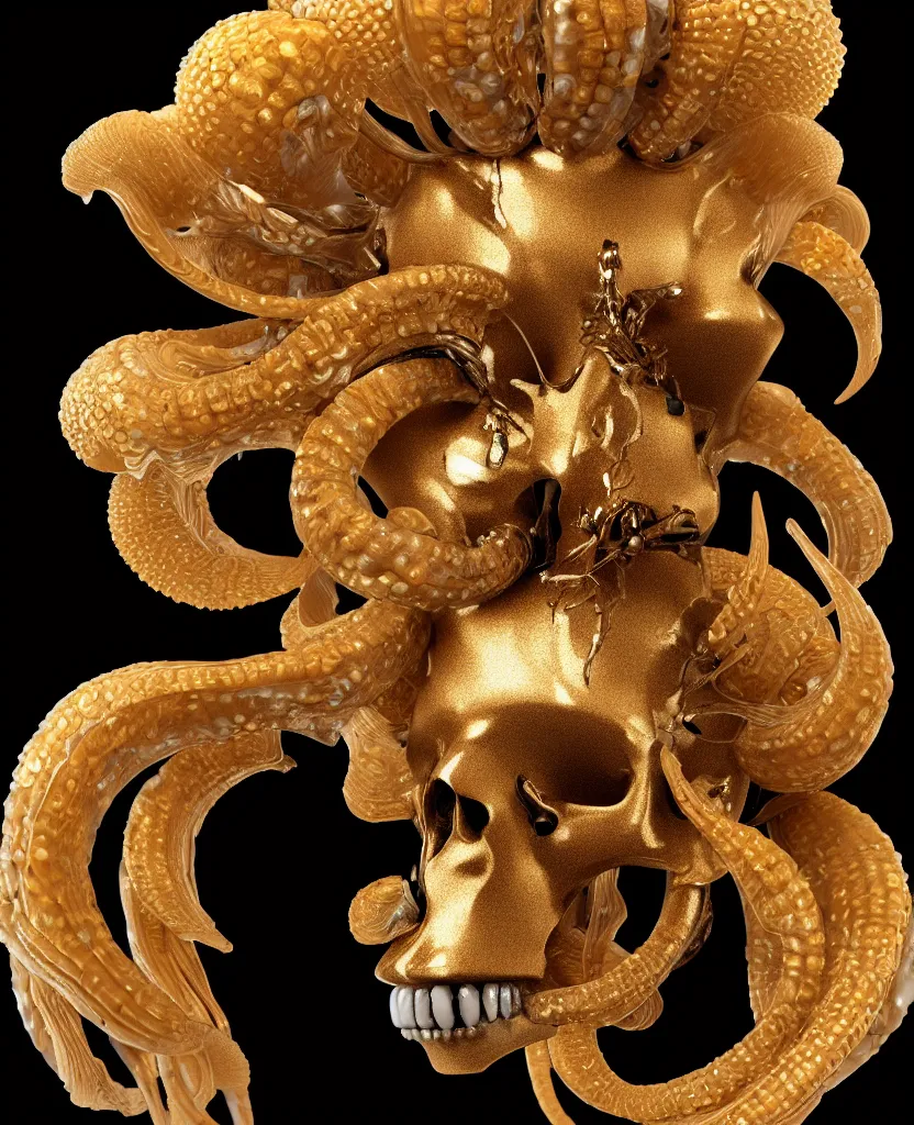 Image similar to black background. goddess princess face close-up portrait ram skull. sculpture made of gold and brilliants. jellyfish phoenix head, nautilus, orchid, skull, betta fish, bioluminiscent creatures, intricate artwork by Tooth Wu and wlop and beeple. octane render, trending on artstation, greg rutkowski very coherent symmetrical artwork. cinematic, hyper realism, high detail, octane render, 8k