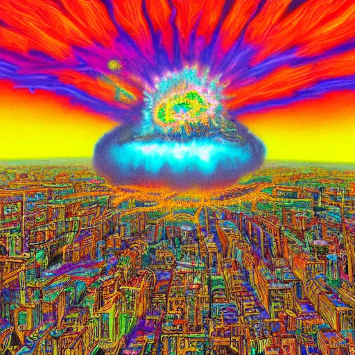 Prompt: a nuclear blast in the center of a city, psychedelic, huge explosion, vibrant colors, massive destruction, extremely detailed digital painting, highly detailed, 1 9 2 0's colored pencil art style, deep aesthetic, 8 k, highly ornate intricate details, cinematic lighting, rich colors, digital artwork, ray tracing, hyperrealistic, photorealistic, cinematic landscape, trending on artstation,