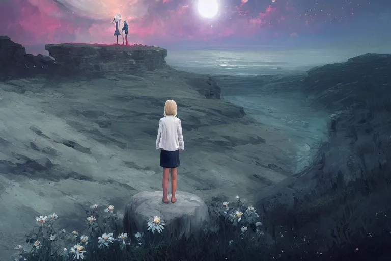 Prompt: huge white daisy flower blooming as a face, girl standing on cliff, surreal photography, solar eclipse, stars, dramatic light, impressionist painting, clouds, digital painting, artstation, james gilleard, liam wong, jeremy mann, simon stalenhag