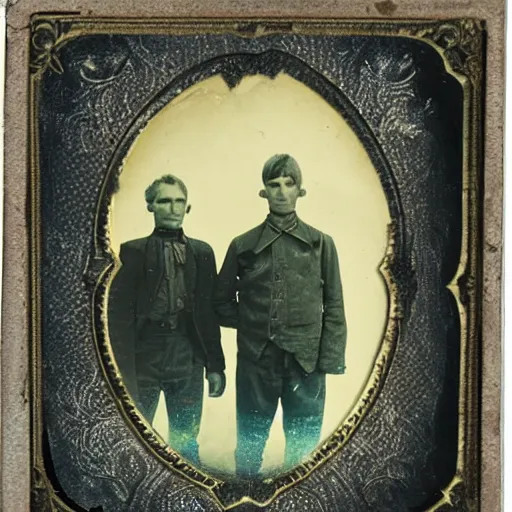 Prompt: tintype photo of hunters with a alien