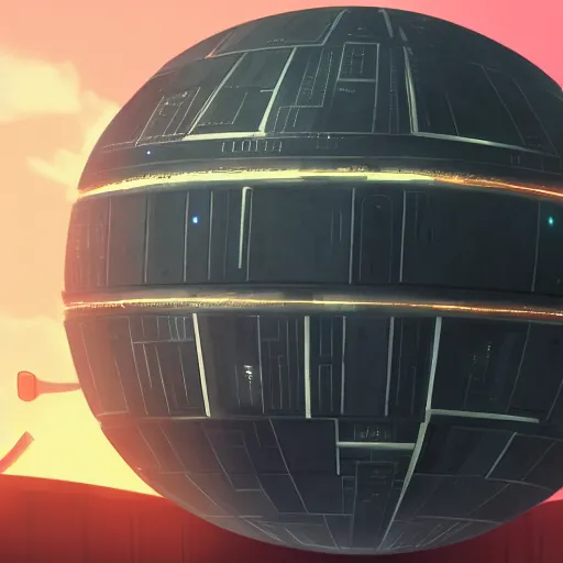 Image similar to death star in the style of makoto shinkai, cinematic, extremely detailed, god rays, cinematic lighting, digital art, trending on artstation, mcdonalds,