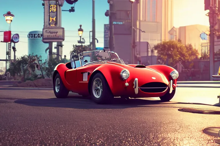 Prompt: a wholesome animation key shot of!! one!! focused!! ac cobra!! in shiny reflective stainless steel, in a las vegas street, medium shot, studio ghibli, ( pixar ) and disney animation, sharp, very detailed, high resolution, rendered in unreal engine 5, anime key art by greg rutkowski, bloom, dramatic lighting