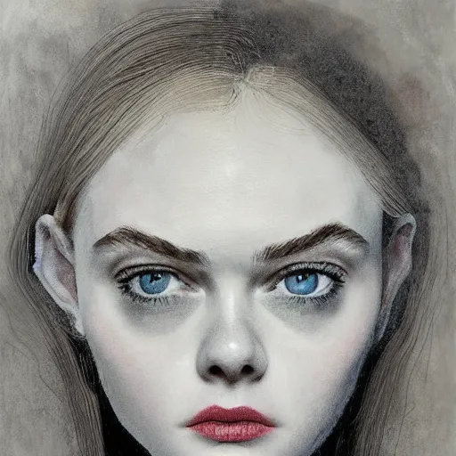 Prompt: professional painting of Elle Fanning in the style of Dave McKean, head and shoulders portrait, symmetrical facial features, smooth, sharp focus, illustration, intricate, stormy weather, extremely detailed masterpiece,