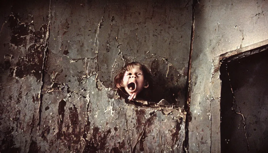 Image similar to 7 0 s film still from a horror movie about angry children climbing the walls of an abandoned church, kodachrome, cinecolor, cinestill, film grain, film texture, retro, cinematic, high resolution, photorealism,