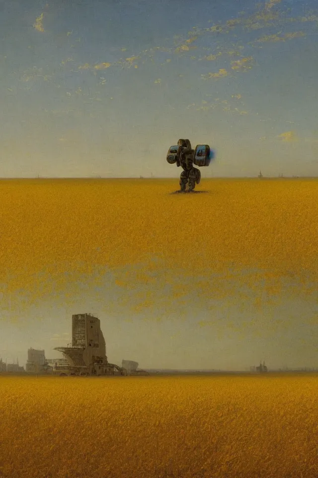 Prompt: painting of the back view of a terminator robot, standing far away in the vast yellow wheat fields, looking at a distant gargantuan tall building group by Ivan Aivazovsky