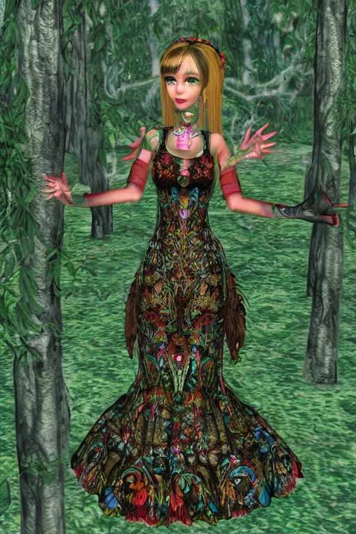 Prompt: cute female forest spirit wearing ornate floral cybernetic mughal valentino resort dress in a 3 d psx ps 2 jrpg style, esoteric scifi magical alien ruins ritual environment, fashion gameplay screenshot, highly detailed