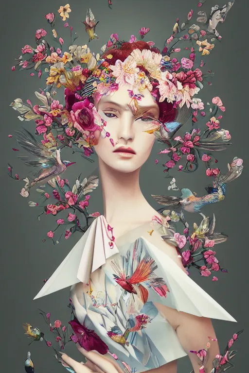 Image similar to fashion illustration of a beautiful girl wearing an origami dress, eye - level medium shot, fine floral ornaments in cloth and hair, hummingbirds, elegant, by eiko ishioka, givenchy, by peter mohrbacher, centered, fresh colors, origami, fashion, detailed, playful, dreamy, vogue, japanese, reallusion character creator