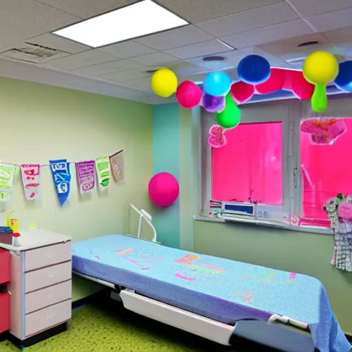 Prompt: a brightly lit hospital room with happy decorations