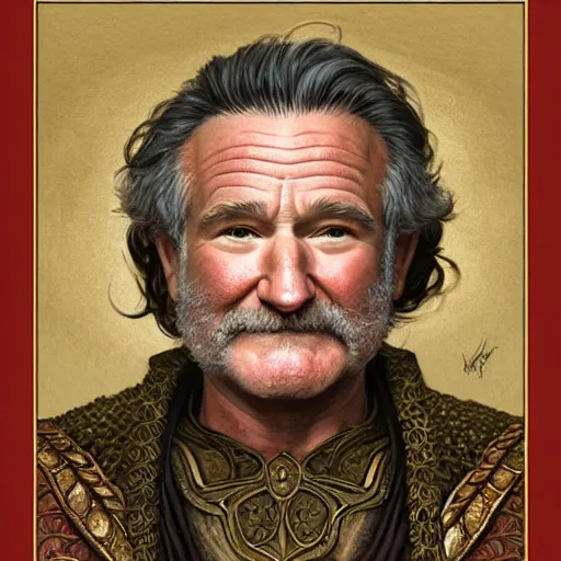 Image similar to an ultradetailed portrait of robin williams dressed as sheogorath, the elder scrolls, fantasy, intricate, elegant, highly detailed, digital painting, matte, sharp focus, illustration, art by john collier and albert aublet and krenz cushart and artem demura and alphonse mucha